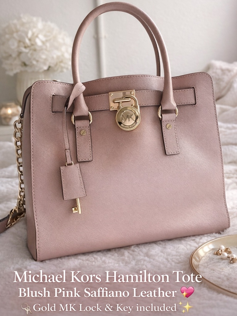 Michael Kors Blush Pink Hamilton Tote Bag Gold Lock Key Saffiano Leather